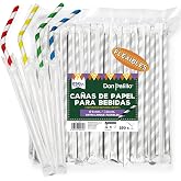 Don Palillo Coloured Paper Straws 250 pcs Flexible Individual | 23cm x 6mm Individually Wrapped Coloured Stripes for Drinks,