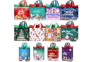 HAUYOUNGS 12 Pack Christmas Bags with Tissue Paper, Reusable Tote Bag with Handles Includes 8 Large 13",4 Medium 10" Christmas Treat Shopping Bags, Xmas Party Favor Bags Decorations
