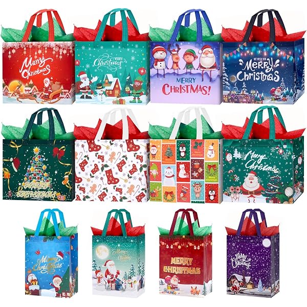 6 Sacs Cadeaux Pour Bouteilles De Vin De Noël - Motifs Festifs, Poignées En Corde Solides, 35 X 13 Cm