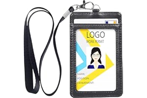 Teskyer Porta Badge, Porta Badge da Collo, con Cordino in Nylon, 2 Slot Per Carte, in Pelle PU, con Gancio a J in Acciaio Inossidabile, Verticale, Per Lavoro, Scuola, Nero