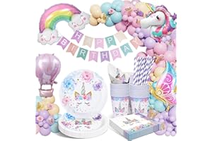 HLEIUKT Einhorn Geburtstag Party Geschirr, Pappteller Kindergeburtstag Set, Einhorn Geburtstag Partygeschirr mit Luftballons, Einhorn Geburtstagsdeko Party Tischdecke für Kinder, Geburtstag Mädchen