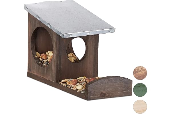 Relaxdays Mangeoire pour écureuils, Hotte en Bois, Toit métallique étanche, à accrocher, pour Le Jardin, Marron foncé, Brun
