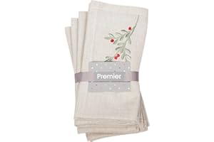 Premier Decorations Set of 4 Christmas Holly Berry Reusable Cotton Napkins Green and Off White Festive Tableware Xmas Novelty Gift 40cm x 40cm