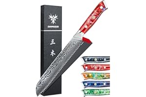 SANMUZUO Damas Couteaux à pain avec Lame 20 cm Professionnel Couteau Cuisine Dentelée en Japonais VG-10 67 Couche Damas Acier avec Poignée en Résine(Rouge Coucher de Soleil) - Xuan Série
