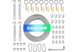 MUUKAIII 30M 3mm Drahtseil, 58 Pcs Stahlseil Kit, 304 Edelstahl Drahtseil Spanndraht, Spanndraht Seilspanner Spannschloss Edelstahl Kit, Rankhilfen für Kletterpflanzen, Gardinenseil, Wäscheleine, Zaun