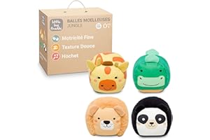 Little Big Friends Les balles Doudous | Set de 4 balles sensorielles pour bébé avec Sons de grelots | Textures variées, Jeu d’éveil et déco Douce | Jungle
