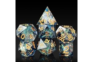 Dungeons and Dragons Dice Set,DNDND Handmade Sharp Edge 7 Die with Gift Dice Case for DND Dungeons and Dragon Game (Dark Cyan with Gold Number)
