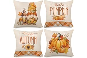 PITMT Federe Cuscini Divano Autunno 40 x 40 cm, Fodere per Cuscini Autunnale 4 Pezzi in Lino con Bouquet di Zucche Gnomo e Girasole, Decorazioni Autunnali Soggiorno, Camera da Letto al Chiuso