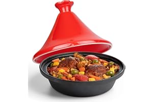 CUCINAPRO Tagine Moroccan Cast Iron 4 qt Cooker Pot with Recipe Book, Caribbean One-Pot Tajine Cooking, Enameled Ceramic Lid- 500 F Oven Safe Dish w Large Capacity, Cone Shaped Lid, Cookware Gift