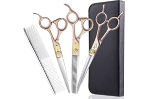 Dream Reach - Juego de tijeras profesionales para el cuidado de mascotas de 7 pulgadas, acero japonés 440C, juego de tijeras para perros rectas,curvas y adelgazantes para gato (juego de 7 pulgadas 01)