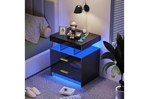 Lvhcmfohm Nachttisch mit Steckdose und Led, Nachtschrank Boxspringbett mit ladefunktion und USB, Moderner Nachtkästchen, Nachtkommode mit 2 Schubladen (Schwarz, 50x40x58cm)