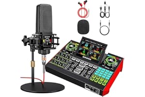 TENLAMP Podcast Microphone Bundle with Live Sound Card Audio Mixer, Podcast Equipment Bundle with 3.5mm Condenser Mic for Pc/Phone Live Streaming Singing Gaming,Podcast Equipment with Voice Changer, Denoise