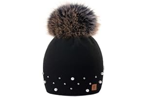 MFAZ Morefaz Ltd Girls Winter Beanie Hat Knitted Hats Girl Kids with Large Pom Pom Ski Fleece Lining Pearls