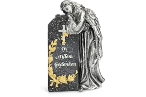 COM-FOUR® grave decoration angel, tombstone with cross, rose and leaves, weatherproof grave decoration, mourning stone with memorial message (1 piece - angel tombstone cross)