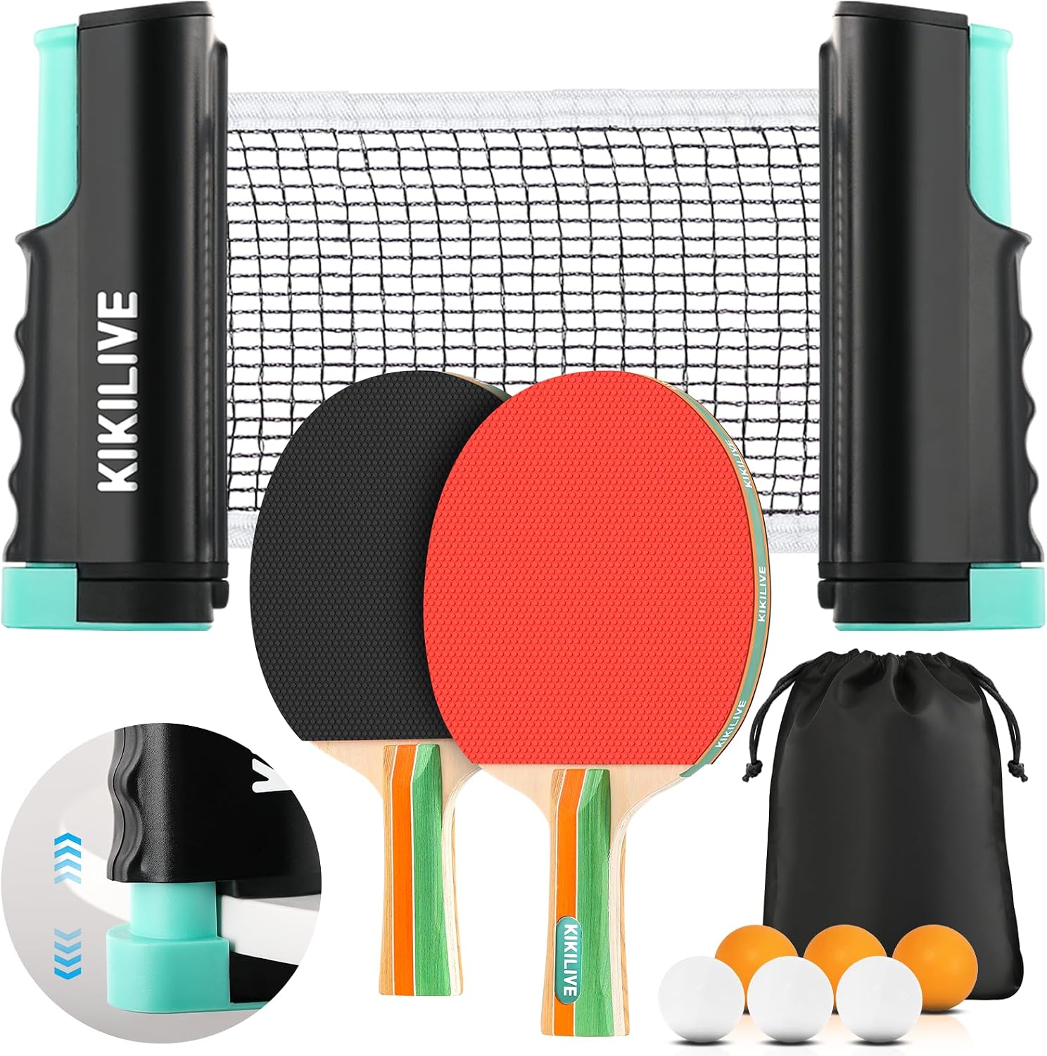 KIKILIVE Set de Ping Pong con Red Extensible, 2 paletas, 6 Pelotas y Bolsa de Transporte: el Juego portátil Ideal para Interiores y Exteriores, Familia, Ocio y Entrenamiento.