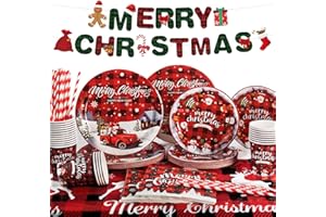 Yidaxing Vaisselle Jetable de Fête de Noël, Assiettes Jetable de Noël Decoration, Gobelets, Pailles, Serviettes, Nappe, Bannière, Ensemble de Vaisselle pour Fête, 16 Invités