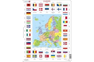 Larsen KL1 Double-Frame Political Map of Europe & Flags Jigsaw Puzzle – 70 Piece Boxless Tray & Frame – Educational Geography Puzzle for Kids & Adults – English Edition