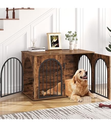 Hzuaneri Hondenbench, meubel, 80 cm, hondenbox voor thuis, 3 deuren, boogdeur, moderne hondenbox voor binnen en buiten, bijzettafel, hoogbelastbaar, 80 x 56 x 61 cm, zwart DFC85104B