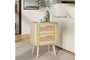 HEYZOEY Bedside Tables,End Table,Rattan Bedside Tables, Side Table with Hand Made Rattan Decorated Drawers,Wood Accent Nightstand with Storage for Bedroom、Living Room (Natural color)