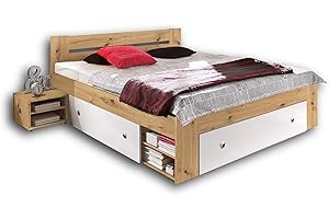 ‎STELLA TRADING Stella Trading Stefan Moderne Doppelbett Bettanlage 180 x 200 cm mit 2x Nachtkommoden - Schlafzimmer Komplett-Set in Artisan Eiche Optik, Weiß - 185 x 86 x 204 cm (B/H/T)