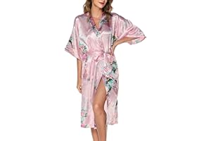 Lovasy Kimono Dressing Gowns Satin Kimono Robe Peacock And Blossoms Silk Dressing Gown for Women UK Long Silk Bride and Bridesmaid Robes