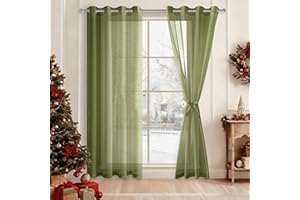 DWCN Green Sheer Curtains with Tiebacks Christmas Curtians Semi Transparent Voile Grommet Window Curtain for Bedroom and Living Room,2 Panels,W52 x L84