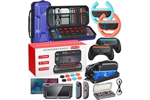 YUANHOT 20 in 1 Switch 2 Accessories Bundle with Hard Carrying Case, Switch 2 Controller Charger, Screen Protector, Grips for Joy Con, Steering Wheels for Mario Kart, Clear Protective Cover Case-Blue