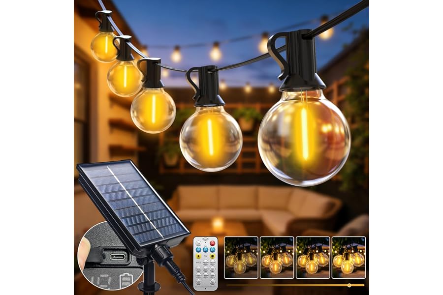 btfarm Solar Lichterkette Outdoor 20M mit Fernbedienung, Wetterfest | Lichterkette Außen Solar, 25+2LED G40 Glühbirnen, 8 Mod