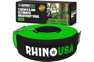 Rhino USA Recovery Tree Saver Tow Rope 7.6 cm x 2.4 m - 13,600 kg Min Break Strength - Triple Reinforced Heavy Duty Straps - Emergency 4x4 Off Road Recovery Accessories - Green