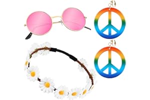 BALINCO Set Hippie 3 pezzi con fascia per capelli a fiori | Occhiali da sole rotondi in nichel con lenti rosa | Orecchini Rainbow Peace