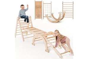 GOODEVAS 4-en-1 Cadre d'escalade Intérieur pour Tout-Petits - Triangle en Bois, Arc & Rampe d'escalade & Filet, Cadre d'escalade Montessori, Gym en Bois pour Enfants, de 1 à 5 Ans