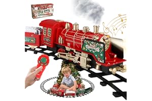 MIOANSER Tren de Navidad Eléctrico con Control Remoto, Humo, Luces, Sonidos y Marcha Bidireccional – Tren para Árbol de Navidad con Locomotora con 3 Vagones y 12 Vías – Juguete para Niños Desde 3-10 Años