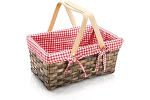 Yesland Small Picnic Basket, Woven Basket with Double Folding Handles, Wicker Basket & Organizer Blanket Storage with Red and White Liner for Egg Gathering, Wedding, Candy (34 x 21 x 16.5cm)