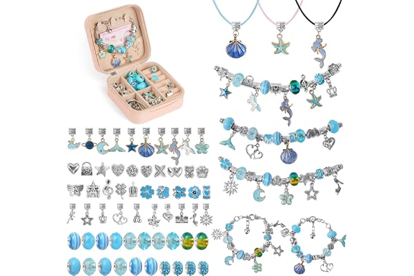 AUAUY Kit de fabrication de bracelets à breloques pour filles, 66 pièces cadeaux avec boîte, kit de fabrication de bijoux pour enfants, arts et travaux manuels pour enfants de 5 à 10 ans