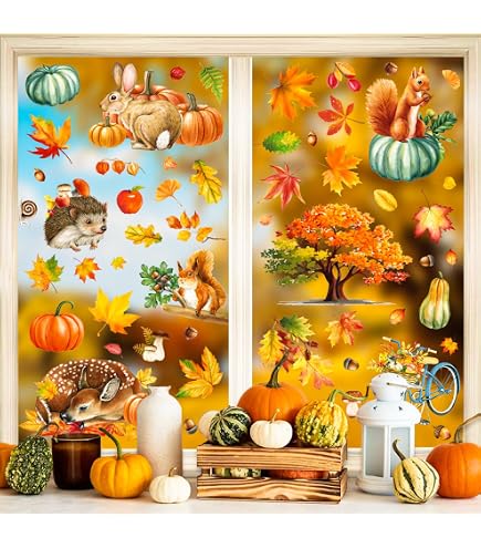 HOWAF Herbst-Fensteraufkleber Set – 9 Blatt Mit Katzen, Hunden, Kürbissen & Ahornblättern, Je 30x20 Cm