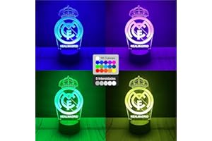 Riscko Real Lampara Madrid 3D Futbol de luz nocturna 3D, adecuado para la decoración del hogar de la habitación de los niños 16 cambios de color con control táctil y con mando (Madrid)