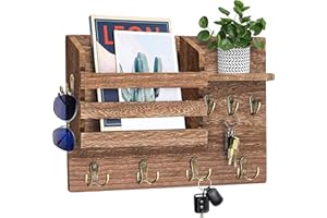 WateryWave Key Holder for Wall with Wooden Mail Rack Organizer Shelf Retro Key Racks with 5 Double Key Hooks Wall Mounted Key Hangers Rustic Home Decor for Entryway Mudroom Hallway Office, Brown