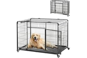 PawHut Jaula para Perros Plegable de Metal Jaula para Perros Grandes 125x76x81 cm con Ruedas y Frenos Bandeja Extraíble y Puerta con Pestillos para Golden Retriver Labrador Gris Oscuro