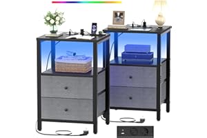 ‎ISUNIRM iSunirm Nachttisch mit Ladefunktion & LED, Sofatisch mit 2 Stoffschubladen, Nachtkästchen Beistelltische für Wohnzimmer, Nachttische Schlafzimmer, nachttisch 2er Set Schwarz