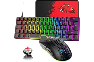 Hoopond 60% UK-Layout Kabelgebundene Gaming-Tastatur und -Maus 62Keys kompakte mechanische Tastatur, 19 Regenbogen-Lichteffekte +6 RGB-Lichteffekte Leichte Maus mit 6400 DPI (schwarz/roter Schalter)
