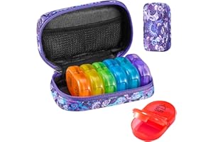 Serfeymi Pill Boxes 7 Day 2 Times a Day AM PM Medicine Organiser Weekly Tablet Organiser Rainbow Pill Box with Portable Zipper Canvas Pill Case for Pills, Supplement, Fish Oils, Vitamin- Purple 01
