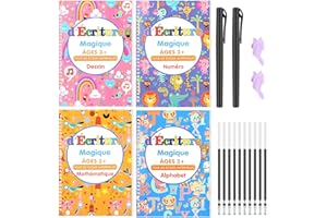 DOMEILLEUR Cahier Écriture Française Grands, 4 Livres sur Dessin Math Alphabet Numéro, Cahier de Calligraphie Réutilisé, Pratique l'écriture Magique ( Avec Stylo )