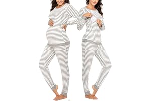 Ekouaer Still Pyjama Damen Schlafanzug Schwangerschaft Langarm Gestreift Thermo Umstandsschlafanzug Set Winter, S-XXL