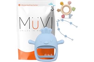 MÜVI - Pack de mordedores bebé, juguetes de dentición +3 meses, silicona alimentaria suave y sin BPA, fácil de agarrar y morder, alivio para encías y estimulación sensorial (Pío Azul)