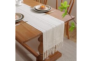 Chuqing - Runner da tavola in stile rustico e boho, con nappe, 32 x 170 cm, colore: bianco