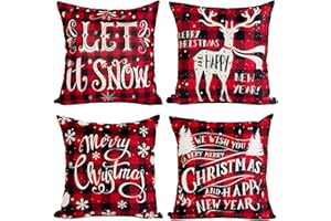 QIFU Christmas Cushion Covers 45x45, Red Black Xmas Cushion Covers Set of 4, Linen Xmas Pillow Cases with Reindeer Snowflake for Christmas Decorations Indoor, Sofa Cushions Bedroom Living Room Decor