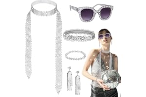 LOHAME 5 Stück Disco Accessoires, 70er jahre Kostümzubehör 70er Damen Glitzer Schmuck 1970s Retro Party Zubehör Frauen 80er Pailletten Quaste Ohrringe Stirnband Strass Armband Halskette Sonnenbrille
