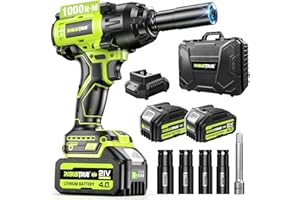 Robustrue 740Ft-lbs (1000N.m) Cordless Impact Wrench, 1/2 Brushless Impact Gun Battery Powered, 0-2400 RPM, 2x4.0Ah Battery, 4 Socket & Carry Box