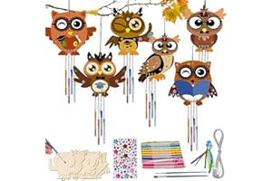 MECCTUCK Set di 6 scacciapensieri per bambini, con gufi, per l'autunno, per il fai da te, per bambini, fai da te, set creativo, dischi di legno da dipingere, set di bricolage, gufi