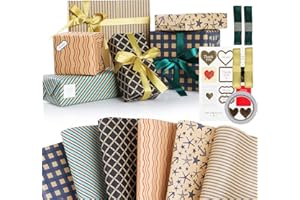 Hianjoo Papel de Regalo, 6 Hoja Papel Reciclable 70x50cm Envolver Regalos Papeles Craft con 1 Hoja Pegatinas de Regalo 1 Cinta de Doble Cara y 4 Cintas Decoración Fiesta Bricolaje, Cuadrícula